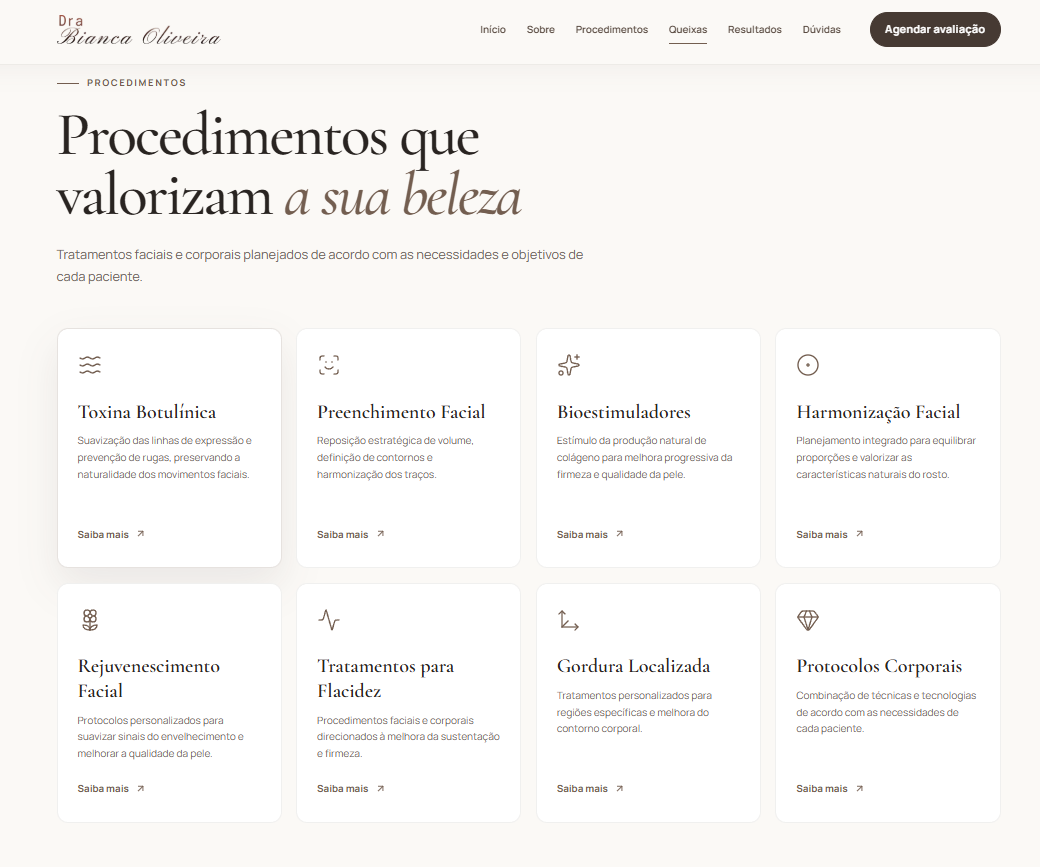 Tela do projeto Clínica de estética — visual 1